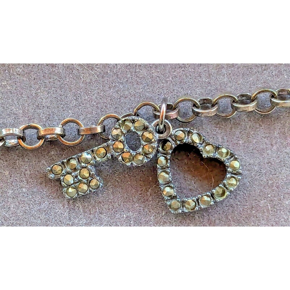 New 925 Sterling Silver 7" Bracelet Marcasite Hearts Key Charm Chain In Box Gift